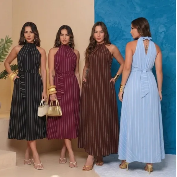 vestido longo, frente única, listras verticais, , amarração na cintura, gola alta, moda feminina, look casual