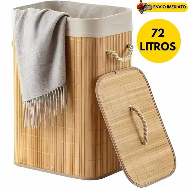 Cesto de roupa suja de bambu 72L com tampa e alça