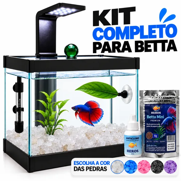 Aquário Completo Beteira - Aquário + Luminária + Decorações + Ração + Anticloro Betta + Aquecedor Opcional