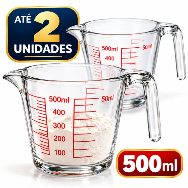 Jarra Medidora de Vidro 500ml com Alça Graduada para Cozinha 1 ou 2 Unidades