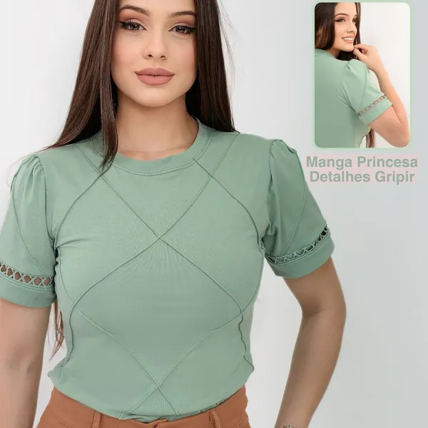 Blusa T-Shirt Gola Alta Algodão De Alto Padrão Manga Princesa