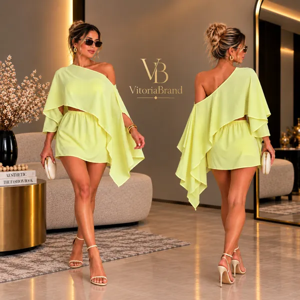 Conjunto Dunas Moda Verão 3 Peças Short-Saia Com Capa Duper Versátil Ombro Caído Boho E Cropped Elegante Sexy