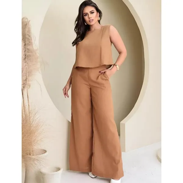 Conjunto Linho Pantalona Alfaiataria Calça e Regata Social Elegante Moda Casual Feminino Eloquencia