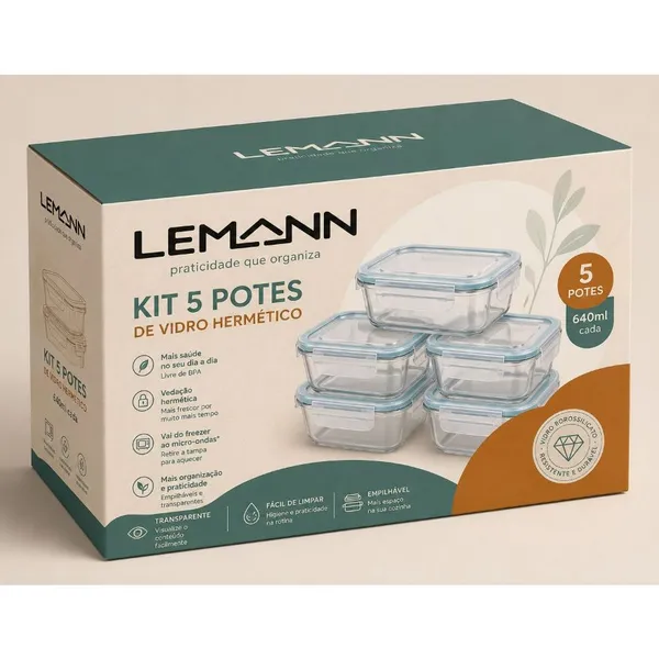 Kit 5 Potes De Vidro 640ml Marmita Hermético Borossilicato Freezer Fitness Forno Micro-ondas