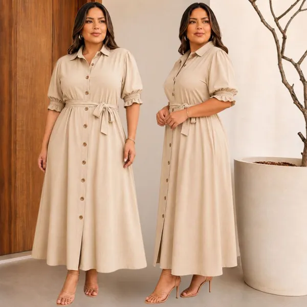 Vestido Feminino Midi Plus Size Tecido Dunas Premium Manga Bufante Elegante Casual