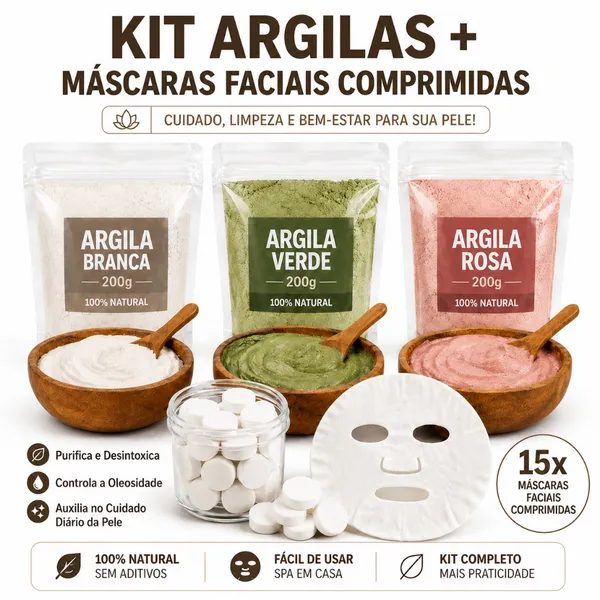 Kit Skincare Natural 3 Argilas 200g + 15 Máscaras Faciais Comprimidas Spa Facial Completo