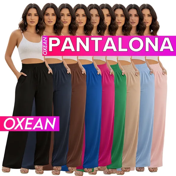 Calça Pantalona Feminina Elástico Na Cintura Com Bolso Cintura Alta Tecido Duna