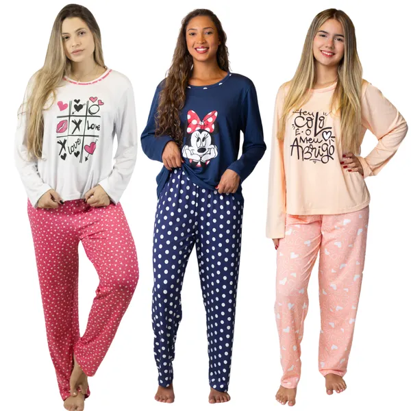 KIT 3 Pijamas Longo Malha Suede Inverno Feminino Adulto Premium