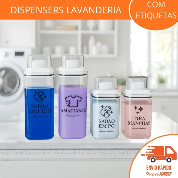 Dispenser Organizador Lavanderia 2,3 litros ou 1,5 Litros Acrílico - Amaciante, Sabão em Pó e Liquido, Tira Manchas