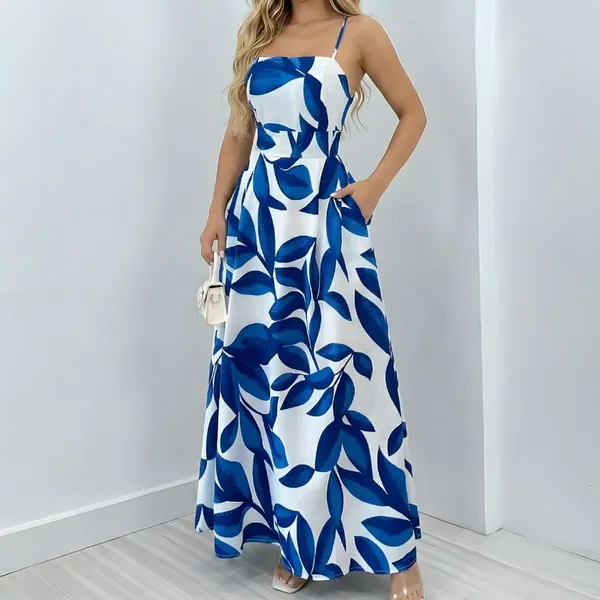 Vestido Longo Feminino Alça Fina Estampa Floral Cintura Alta Moda Verão Tropical