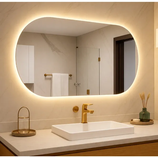 Espelho Oval Orgânico LED Luz Quente e Fria 80x50 e 40x50 Banheiro Lavabo Penteadeira Quarto Sala Iluminado Parede