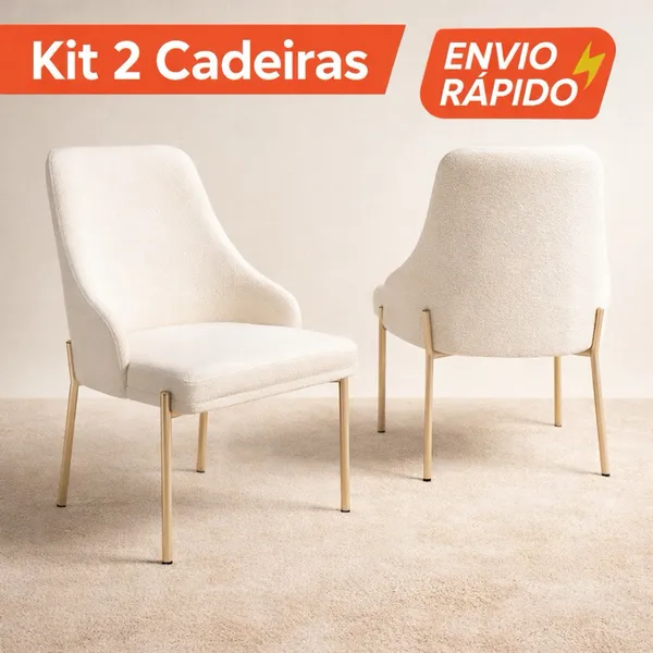 Kit 2 Cadeiras Bouclê ou Courino Design Orgânico Sala de Jantar Recepção Elegante Base de Ferro