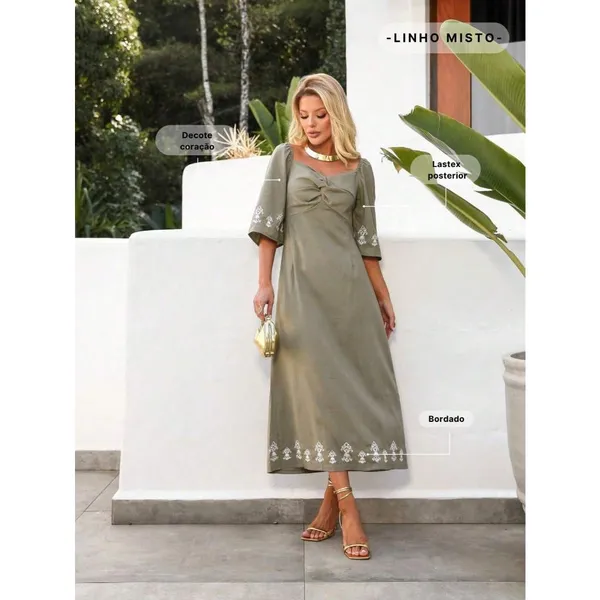 Vestido Midi Bordado em Linho Misto