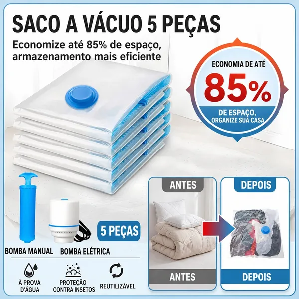 Kit 10 Saco a Vacuo + Bomba Organização de Roupas Mala Viagem Guarda Roupas