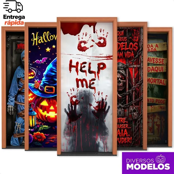 Capa De Porta Halloween Decoração Terror Dia das Bruxas Veste Porta Sublimado Em Tecido 0,80x2,10m