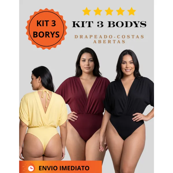Kit 3 Body Feminino Suplex Premium Plus Size Kimono Decote V Manga Ampla Morcego Atemporal Moda Verão  Noite Elegante
