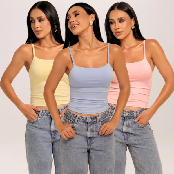 Kit 3 Cropped Feminino Regata Alcinha Suplex Premium Forro Duplo Sem Transparência Casual Verão