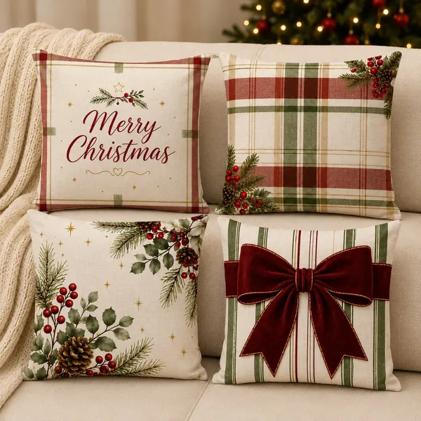 Kit 4 Capas de Almofada 43x43 cm Estampa Digital Decoração Natalina