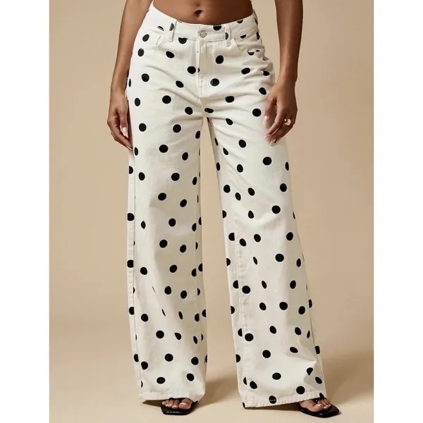 Novo jeans Feminino Com Estampa De Bolinhas , Cintura Média , Perna Larga