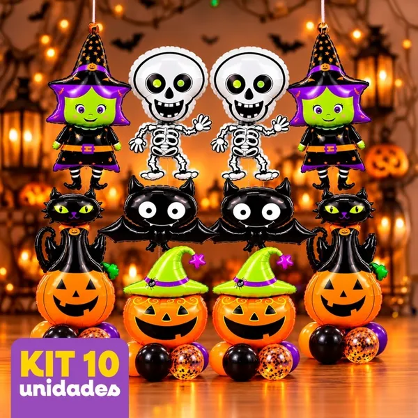 Kit 10 Balões Halloween Metalizados Preto Decoração de Festa, Centro de Mesa e Tema Halloween