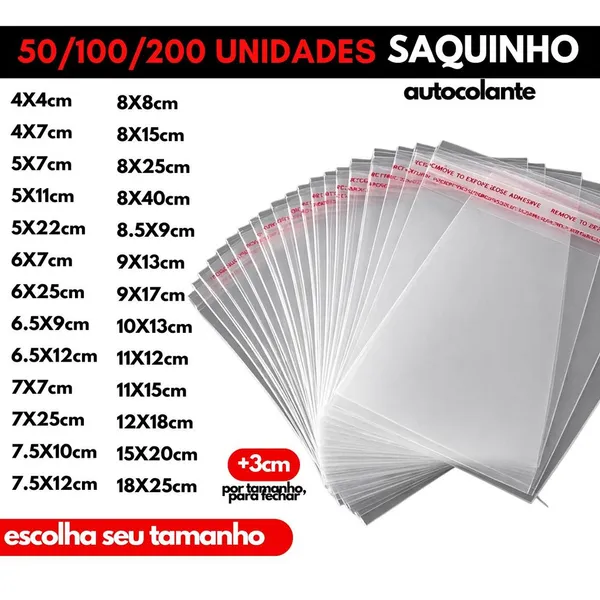 Kit 50/100/200 Saquinho Transparente Autocolante Saco Adesivo Embalagem Resistente Semijoia Roupa Eletrônicos Papelaria