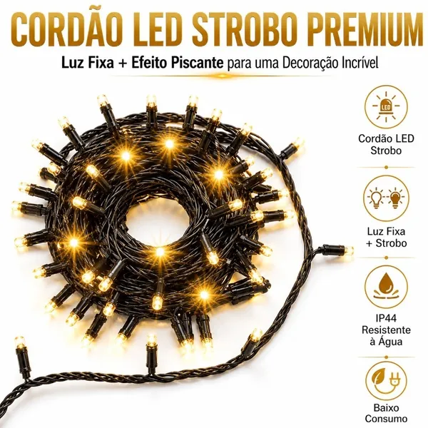 Pisca Strobo Pisca 100/200 Leds 10/20mts Cordão - 110v/220v Branco Quente Decoração Árvore de Natal-Conector m/f