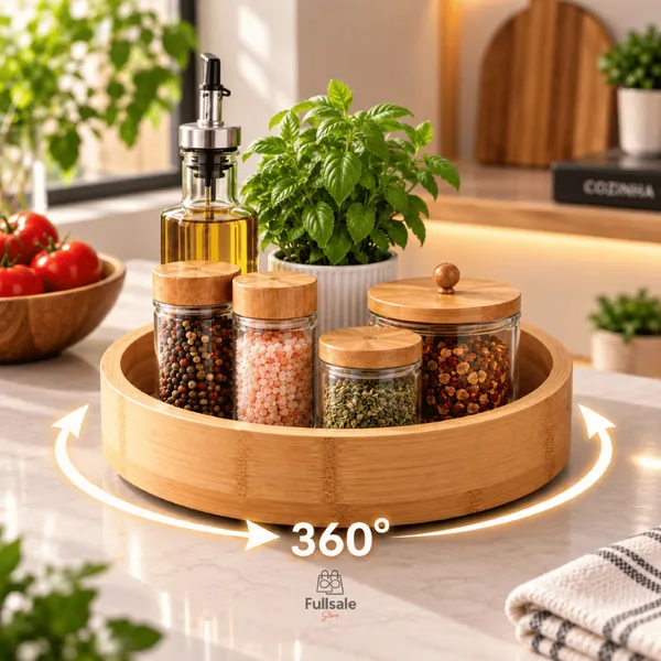 Bandeja Giratória 360° Organizadora de Cozinha em Bambu para Temperos Potes Condimentos Porta Tempero Organizador