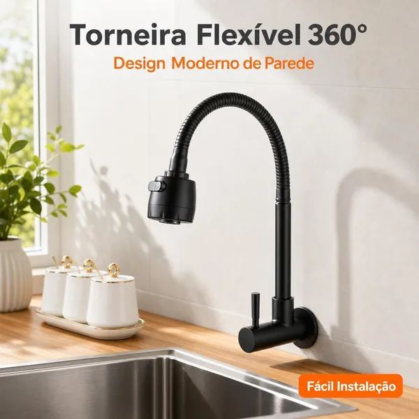 Torneira Inox  Prata/Preto Com Chuveiro Com Rotação De 360° Cozinha Luxo Parede Promoção