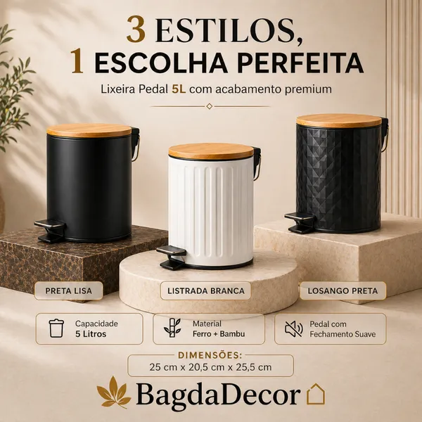 Lixeira com Pedal 5L Tampa Bambu | Estrutura em Ferro | Design Moderno p/ Banheiro e Cozinha