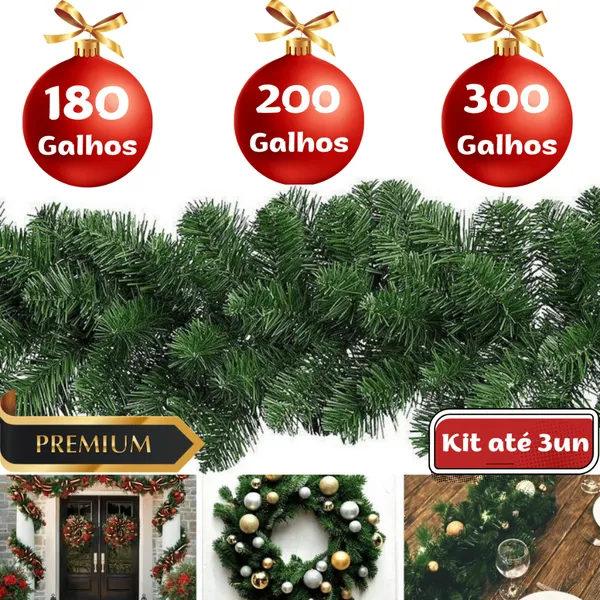 Festão Aramado Natal 300 200 180 Galhos até 2,7M Ramificado Grosso Decoração  Natalina Enfeite