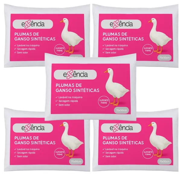 Kit 5 Travesseiro Pluma de Ganso Luxo Antiacaro 70x50cm Toque Macio
