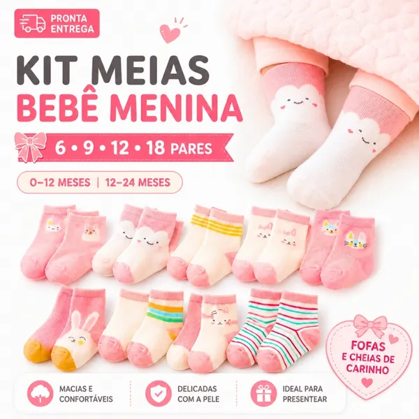 Kit 6/9/12/18 Pares De Meia Bebê Infantil Para Menina