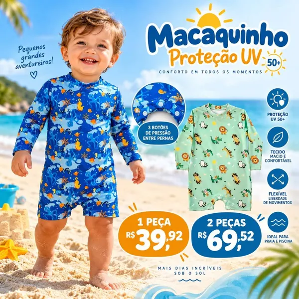 Macaquinho Menino Bebê Praia Com Proteção Solar Uv50+ M ao 3 Anos Romper Praia e Piscina