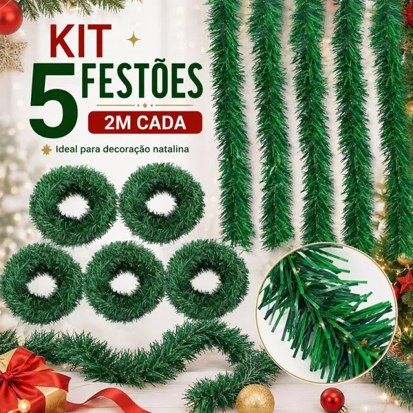 Festão Decoração De Natal Realista 10 Metros Cheio Grosso e Flexível Verde Varal Natalino 05 Peças 2m x 9cm