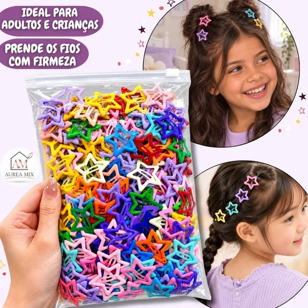 Kit 10/20/50 ou 100 Presilhas de Cabelo Estrela Coloridas Infantil Cores Sortidas para Meninas