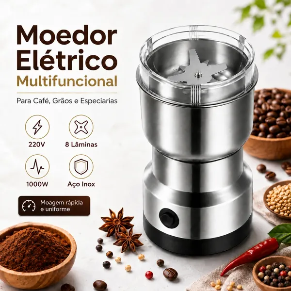 Moedor De Café Elétrico 220V 8 Lâminas Aço Inox Multifuncional para Grãos Temperos e Especiarias