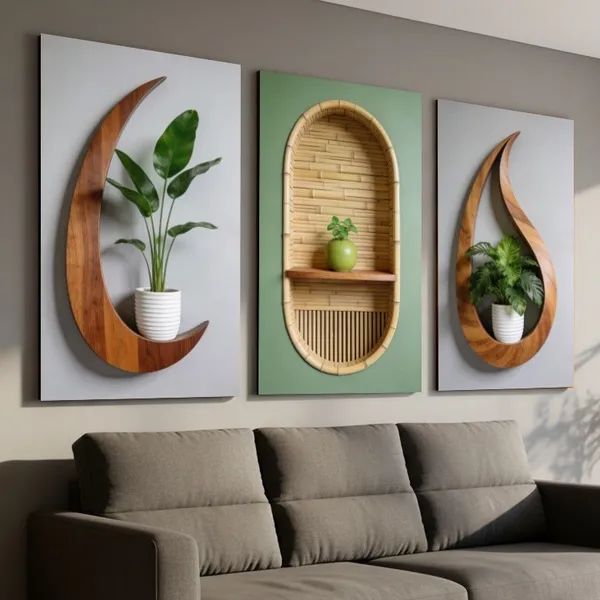 Quadro Decorativo Tríptico Madeira Natural Prateleira ​3D Plantas Sala de Estar Arte Moderna Boho 3 Peças
