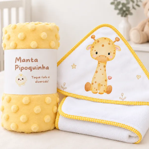 Kit Bebê 2 Peças Manta e Toalha de Banho com Capuz Enxoval Maternidade Menino Menina