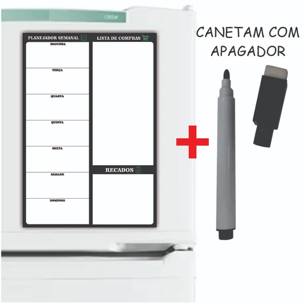 Imã de Geladeira Planner Semanal Magnético com Caneta Escreve ​e Apaga