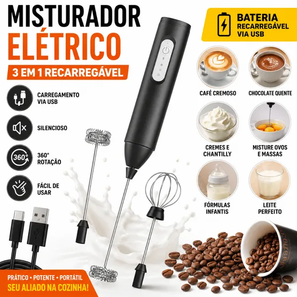 Misturador Elétrico Recarregável USB 3 Velocidades Espumador de Leite Batedor de Ovos Mini Mixer Portátil