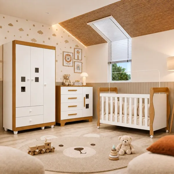 Quarto de Bebê Completo com Cômoda, Berço e Guarda Roupas Mila Branco/Amadeirado Branco/Amadeirado