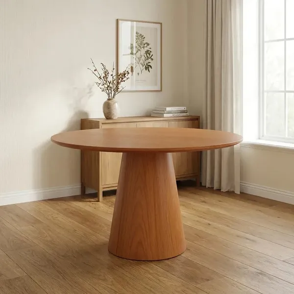 Mesa de Jantar Redonda Base Cone 4 Lugares Madeira Maciça Laminada Lyon Marrom/Amadeirado 120