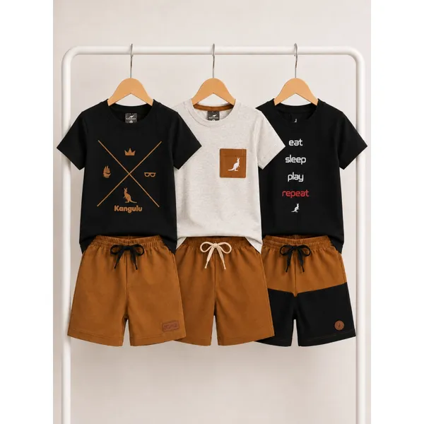 Kit 3 Conjunto Infantil 6 Peças de Roupa Menino Verão Confortável 3 Camisas 3 Shorts Sortido Roupa Infantil Bebê 1 ao 12