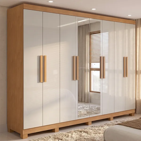 Guarda-roupa Casal Easy Slim 8 Portas Com Espelho e Pés Amendoa Clean/Off White