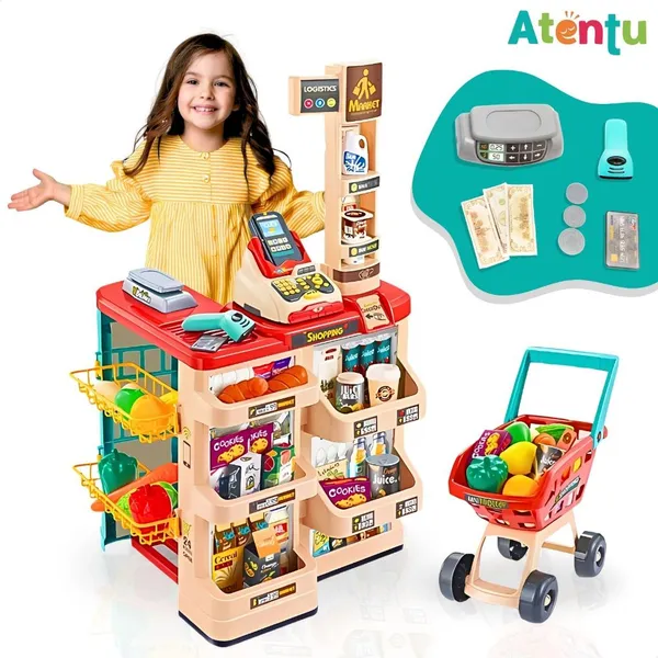 Mini Mercado Infantil Caixa Registradora e Carrinho 48 peças