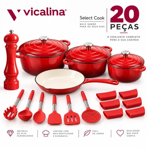 Vicalina kit jogo conjunto de panelas de ferro esmaltadas luxo para fogão indução 20 peças