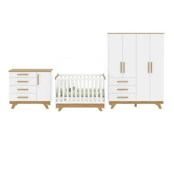 Quarto de Bebê Completo Berço 2 em 1, Cômoda e Guarda Roupa 100% MDF Kakau Yescasa Branco/Amêndoa Branco