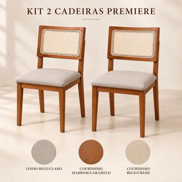 Kit 2 Cadeiras de Jantar Madeira Maciça Estofadas Linho ou Couro com Tela Sextavada Bege/Marrom