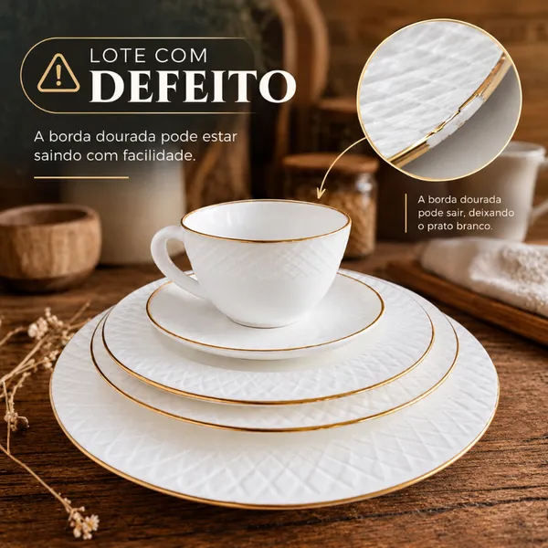 Aparelho de Jantar Pratos Canecas Opaline Texturizado Borda Dourada 20pcs - Divine