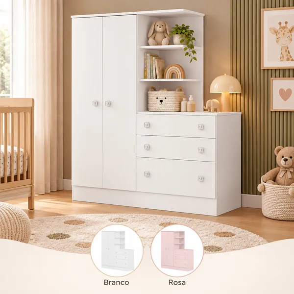 Guarda Roupa Infantil com Cômoda 3 Gavetas Quarto de Bebê Doce Sonho MDP Qmovi